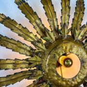 Large French sunburst flower leafed light fixture in gilt metal, 1960s