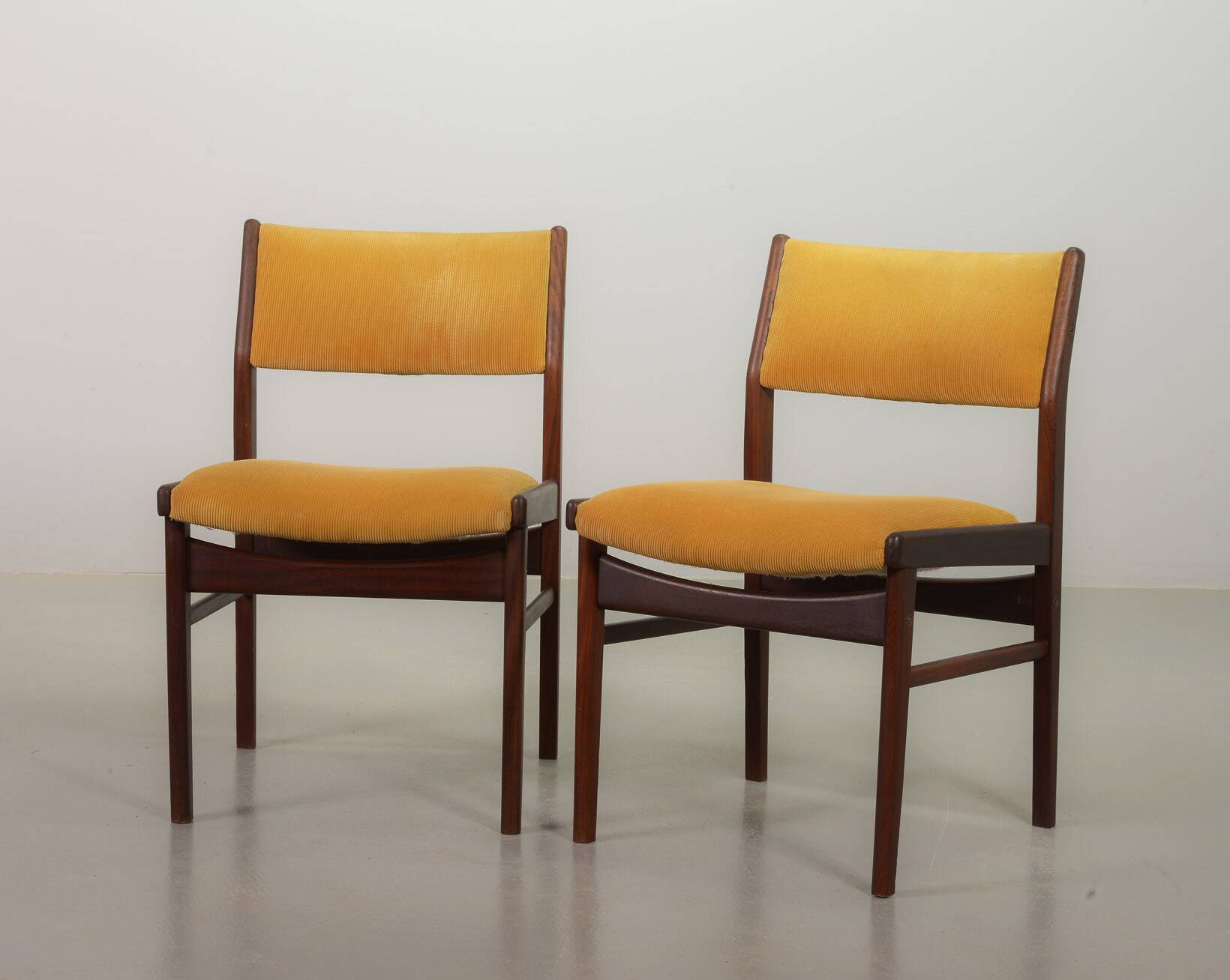 Vintage Design Teak Wooden Dining Chairs with Honey Yellow Corduroy Fabric