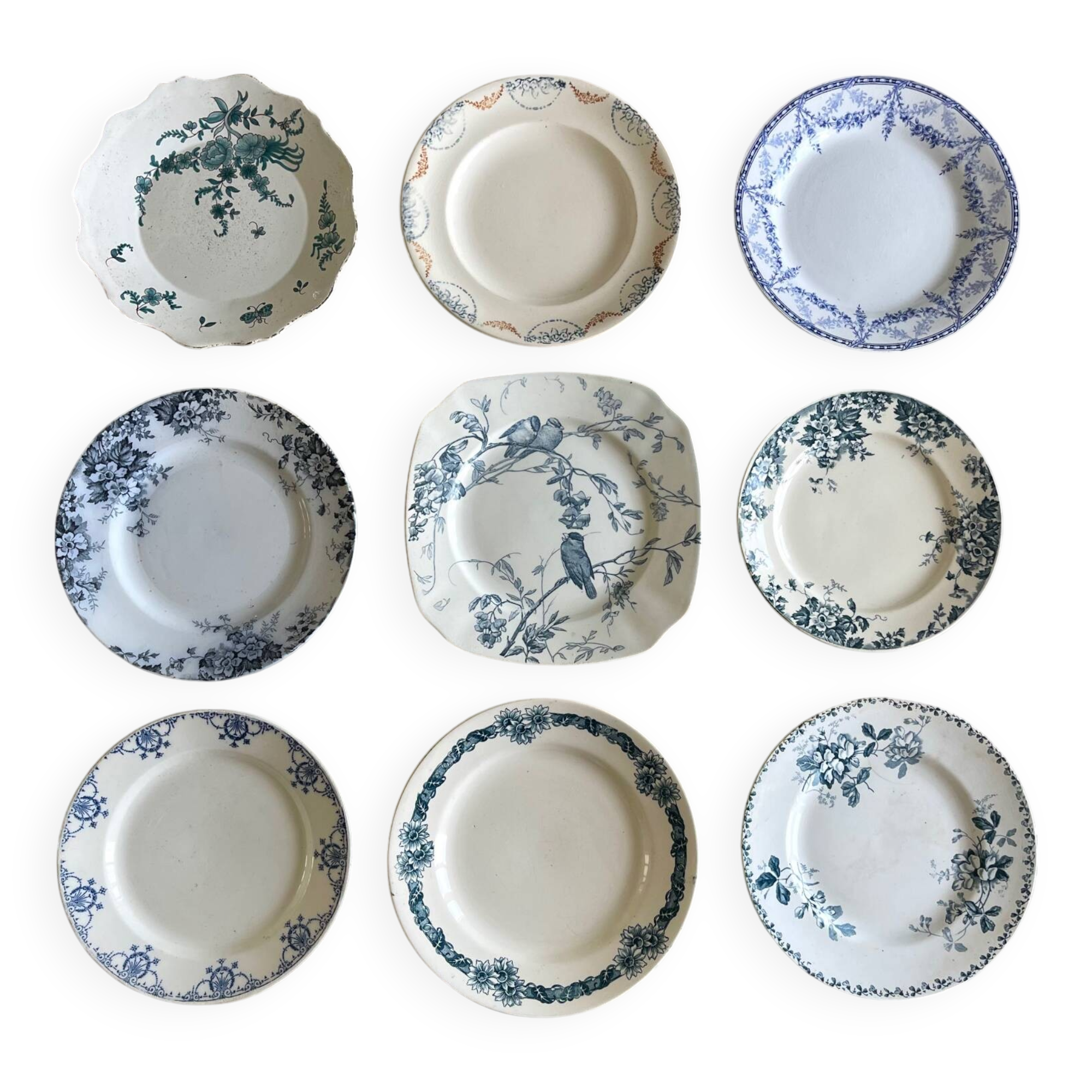 9 mismatched blue ironstone plates