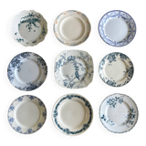 9 mismatched blue ironstone plates