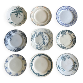 9 assiettes dépareillées en terre de fer bleue