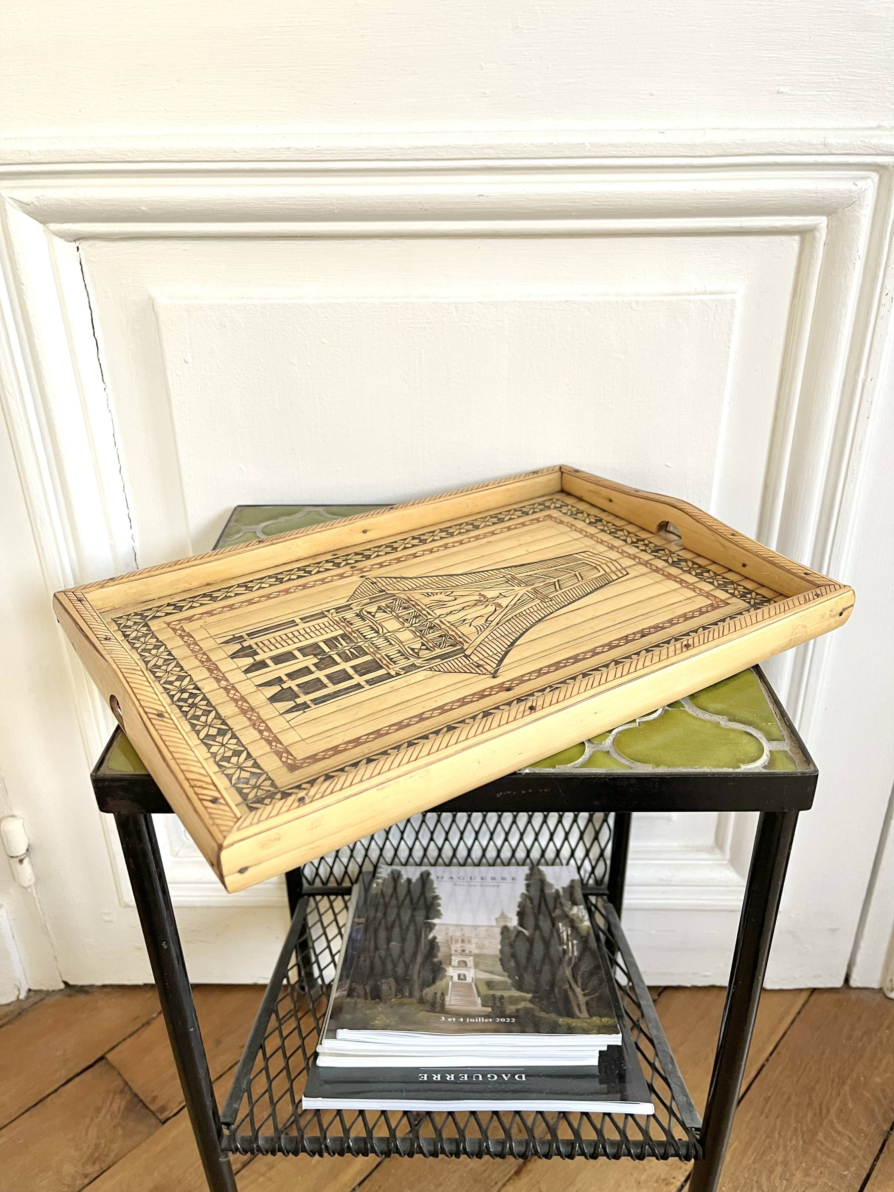 Engraved bamboo rattan tray