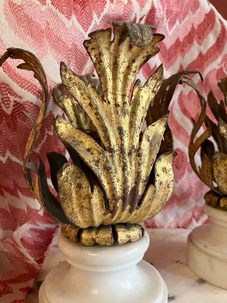 Florentine Renaissance Gilded Iron Acanthus Leaf Candleholders on Carrara Marble Bases, Set of 2