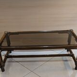 Table rotin vintage et verre rectangulaire
