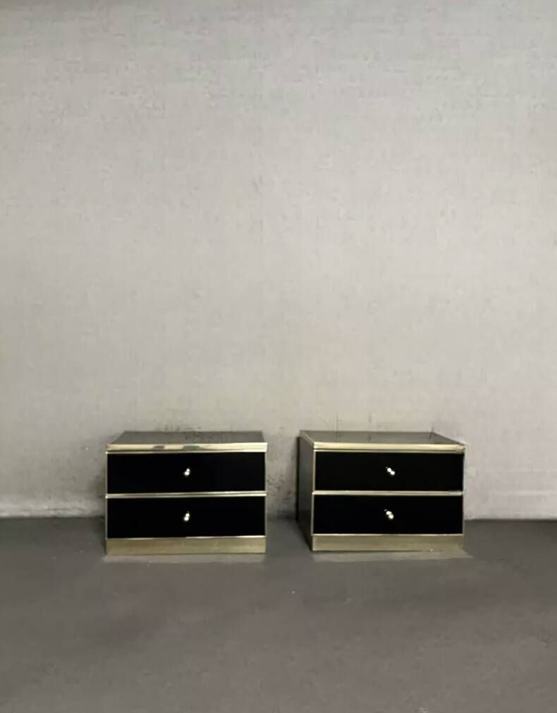 Pair of black lacquered and brass bedside tables, Roche Bobois 1970
