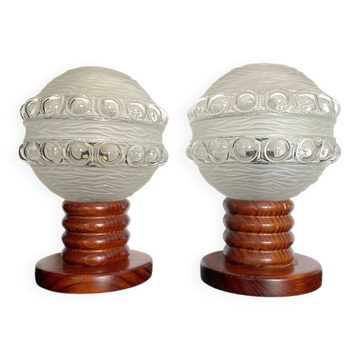 Pair Mid Century wood glass table lamps
