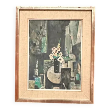 Original Swedish Oil on Canvas – “White Blossom in Black Vase” by Edvin Ollers – Signed – 1959 – Vintage & Framed – 44 × 36 cm (17.3"×14.2")