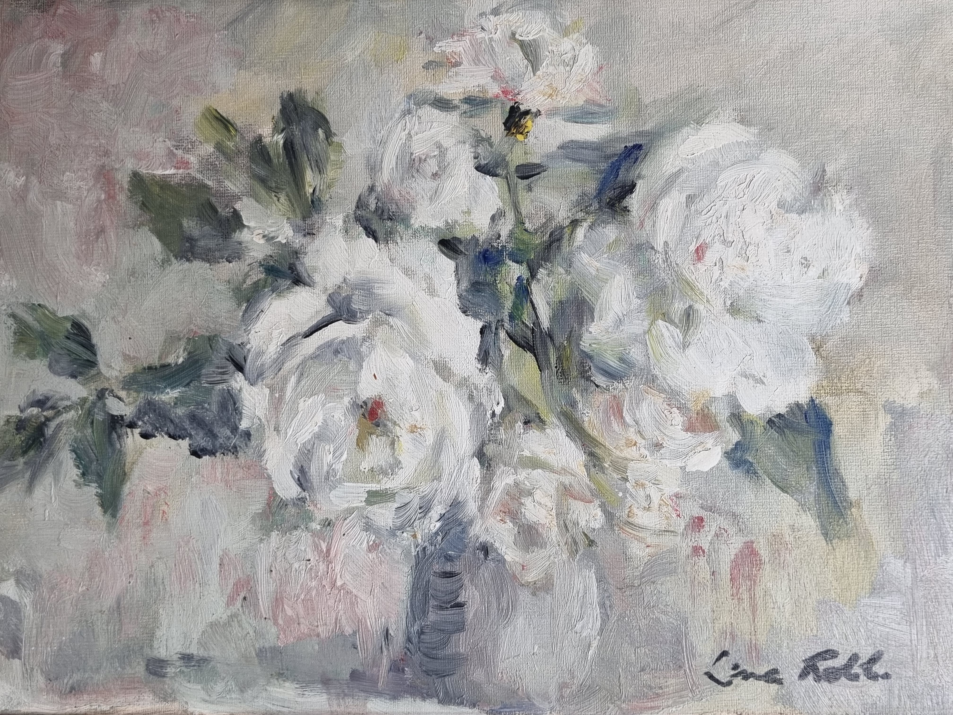 Floral composition, roses, oil on panel signed Line Roll.
