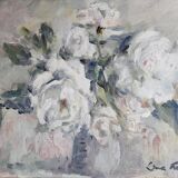Floral composition, roses, oil on panel signed Line Roll.