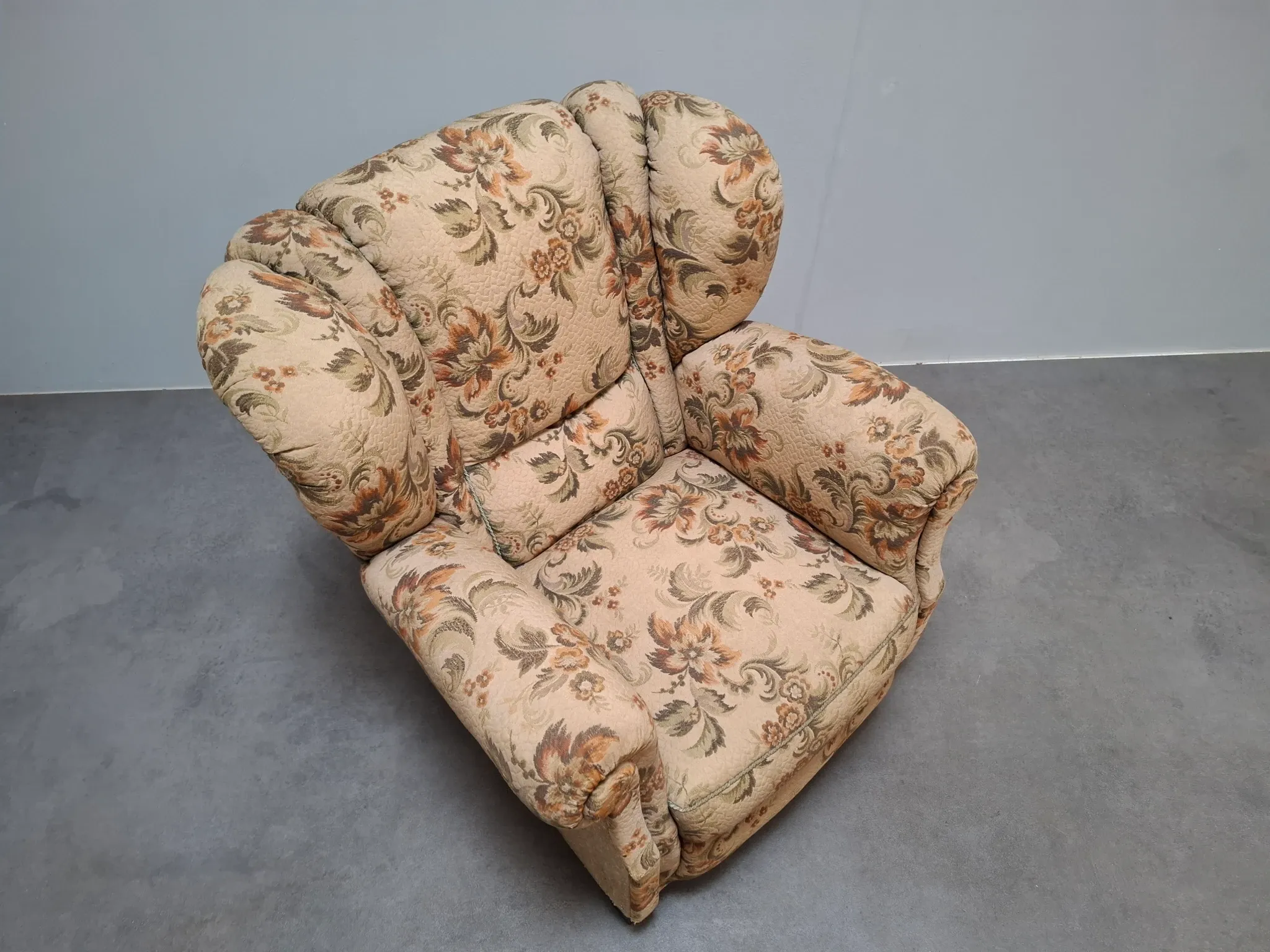 1930s Czech Art Deco Floral Upholstered Wingback Armchair