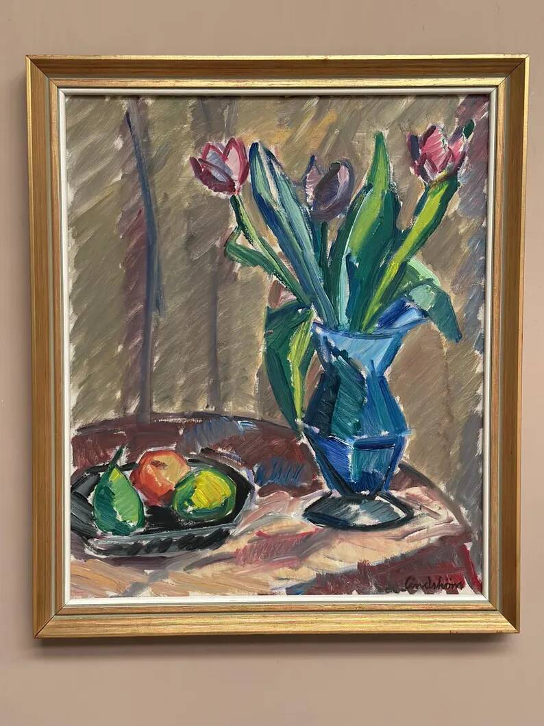 Original Swedish Oil on Canvas - 'Tulips' by Knut Lindström - Signed - Dated 1966 - Framed