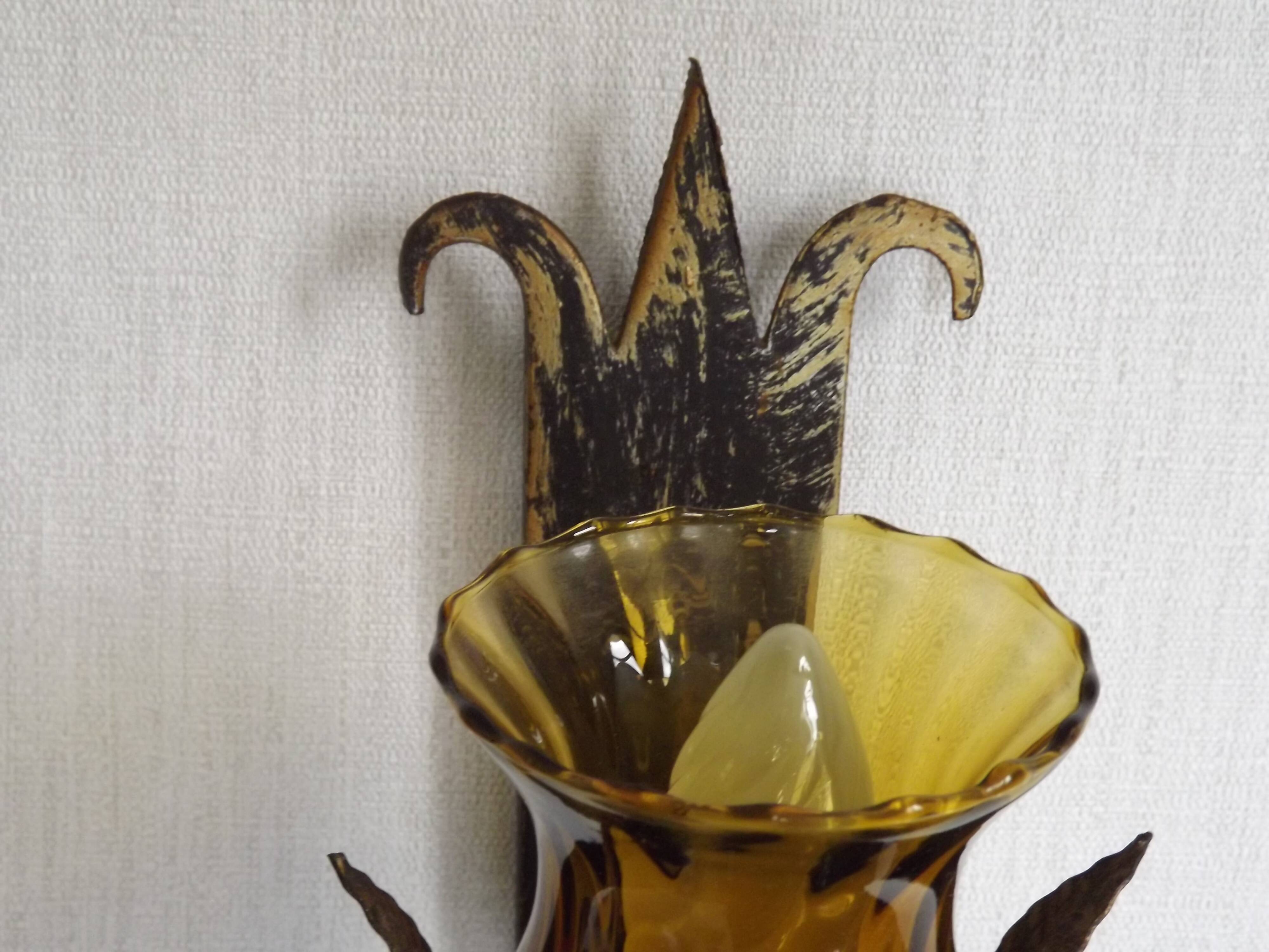Pair Hand Forged Wrought Iron Medieval Style Wall Lights Amber Glass Shades
