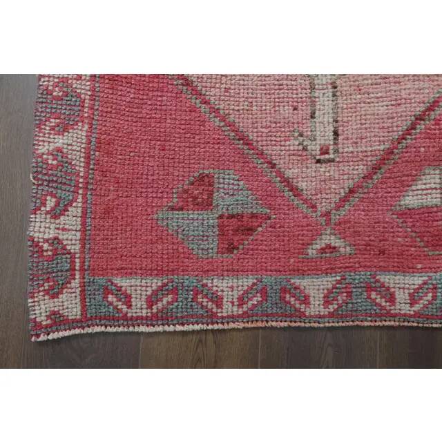 1970s Vintage Turkish Oushak Handmade Wool Cotton Pink Runner Rug 96x303