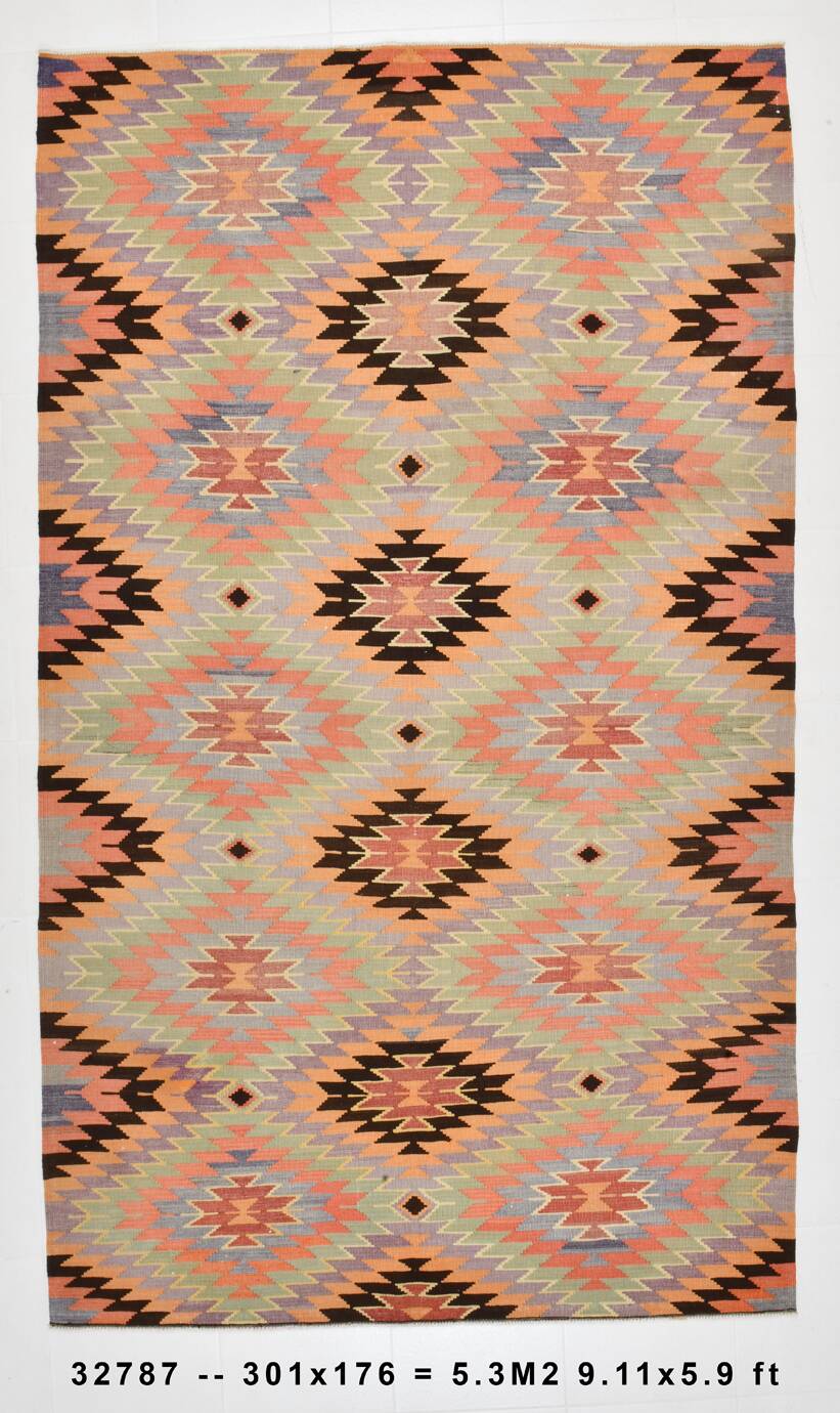 6x10 Green & Light Orange Tribal Large Kilim Area Rug, 176x301Cm