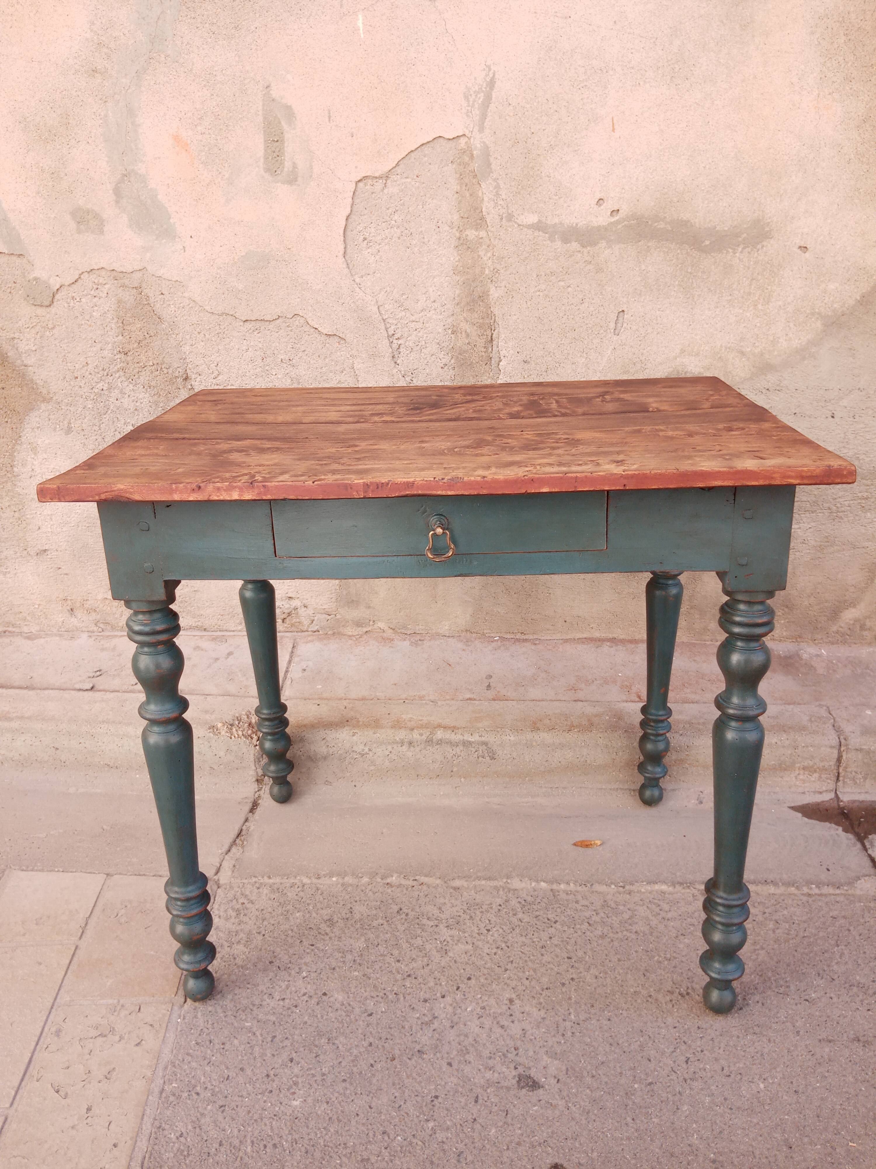 Old side table, desk, 1 drawer, blue patina aubusson