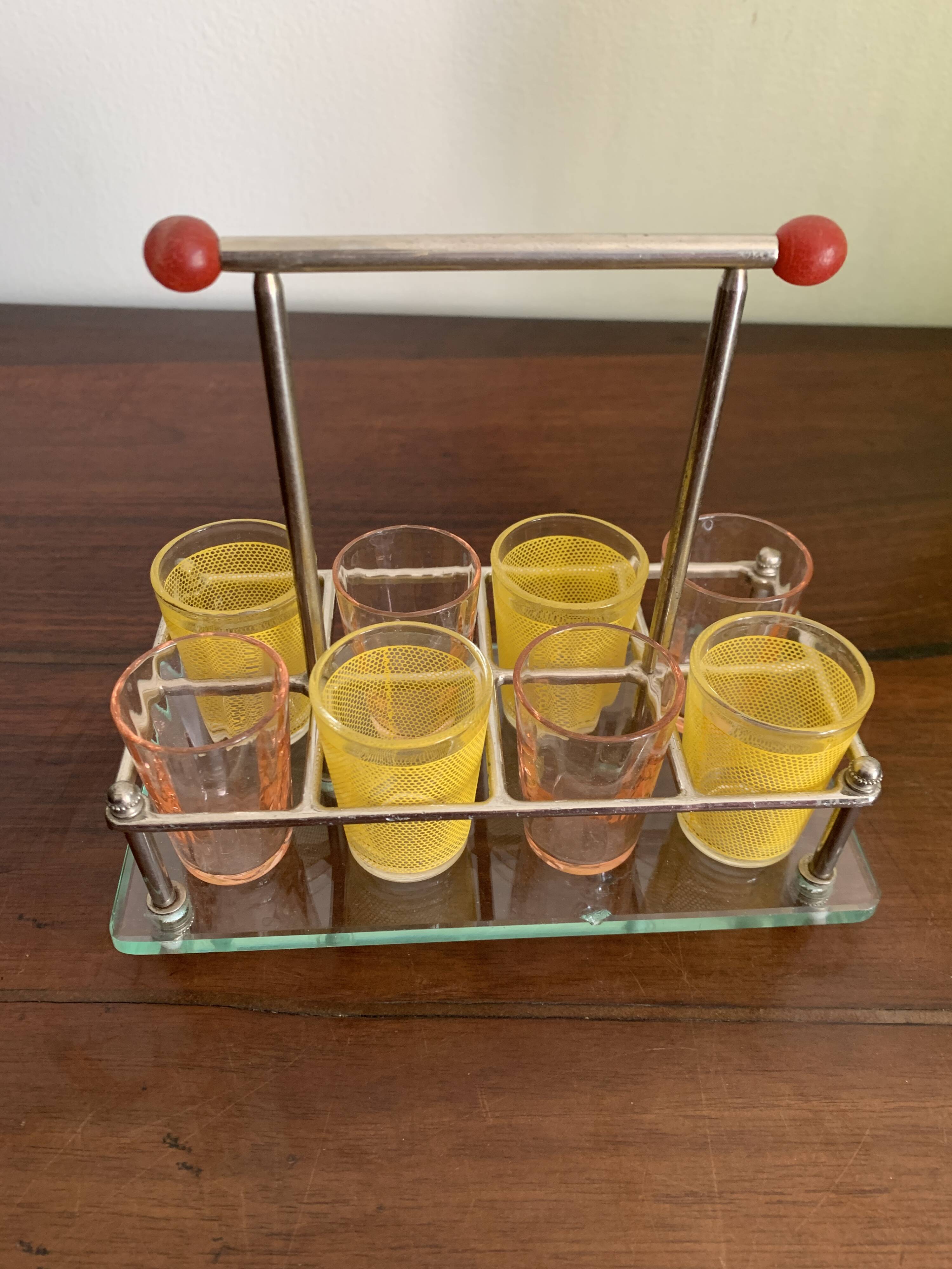 set of six digestive glasses with glass and metal tray