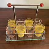 set of six digestive glasses with glass and metal tray