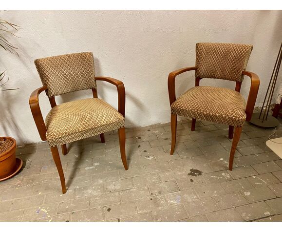 Pair of bridge armchairs in solid wood and velvet circa 1950