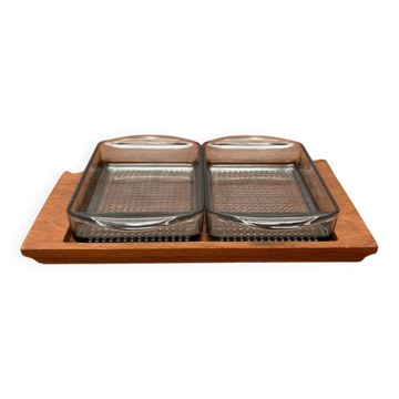 Danish teak mid-century plateau with Lüthje Wood glasses, set of 3.