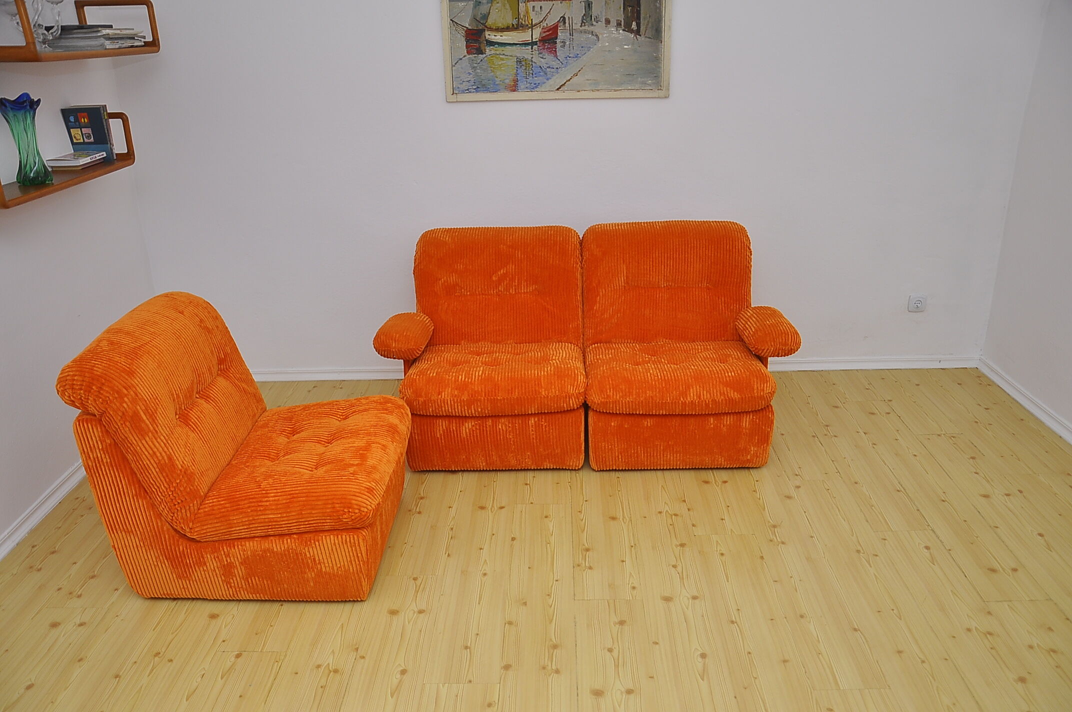 Orange corduroy modular sofa, 1970s.