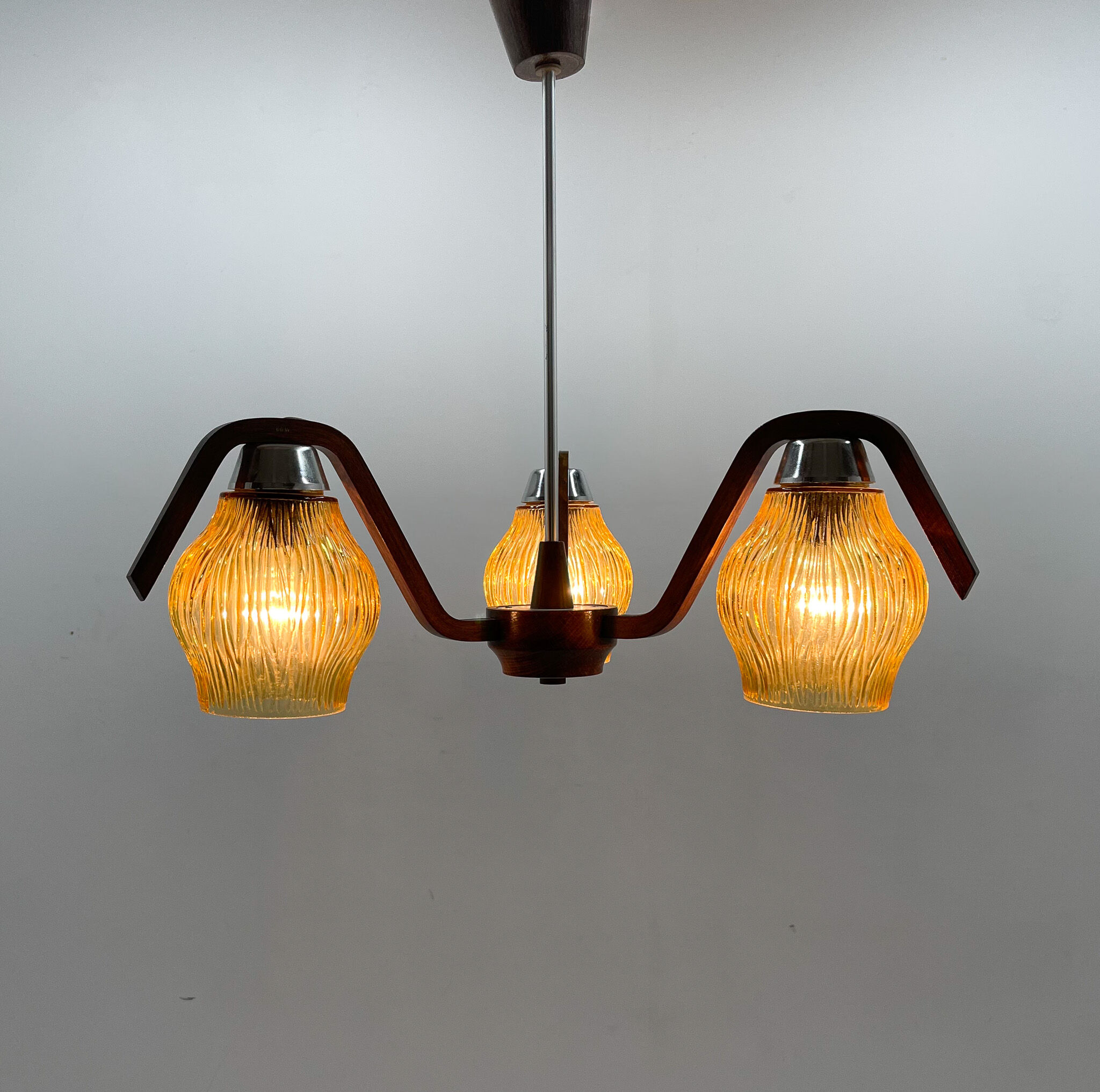 Mid-century Wood & Glass Chandelier by Dřevo Humpolec, 1960's