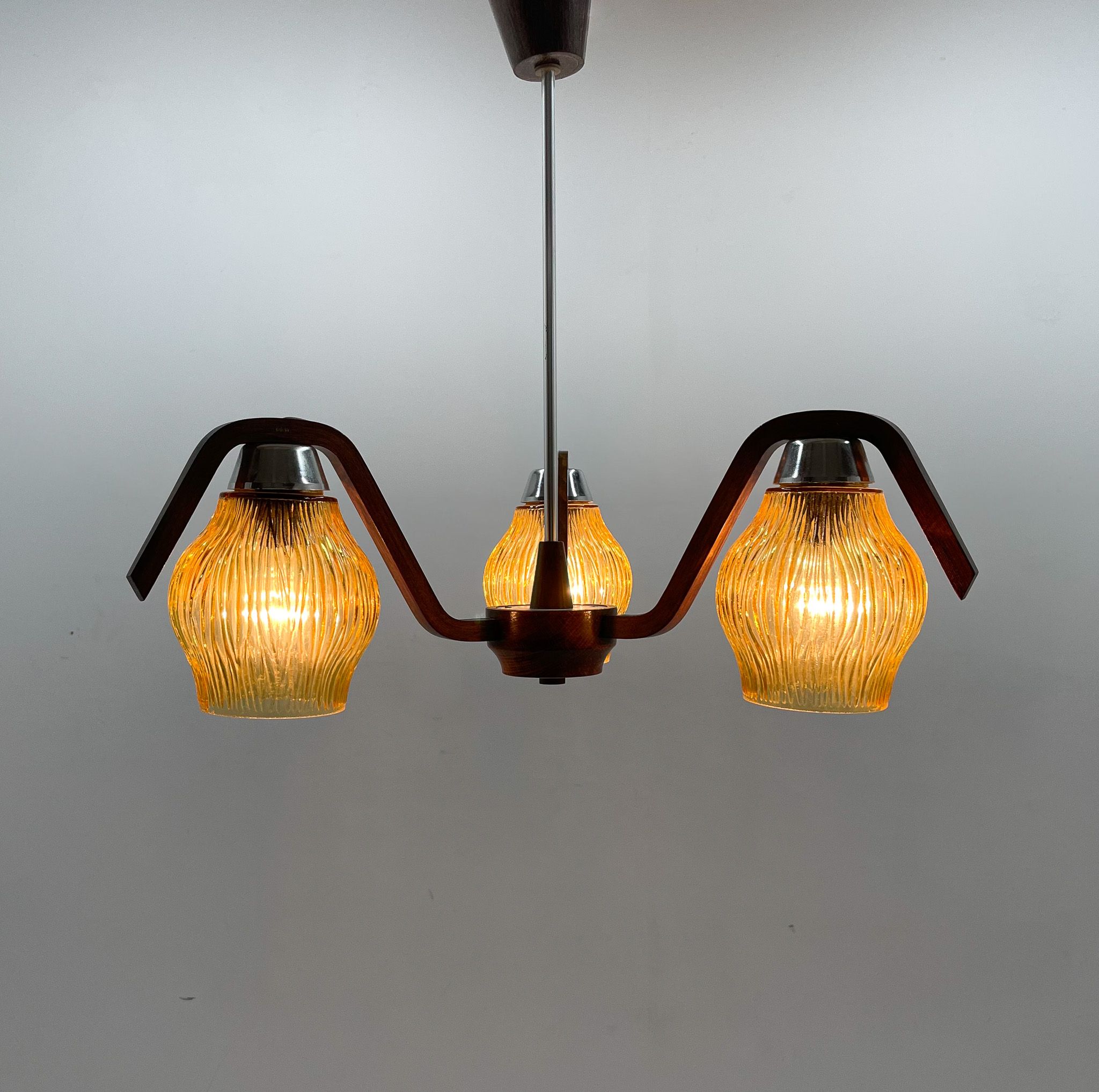 Mid-century Wood & Glass Chandelier by Dřevo Humpolec, 1960's