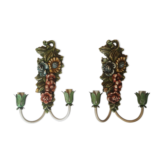 Pair of polychrome carved wood wall lamps
