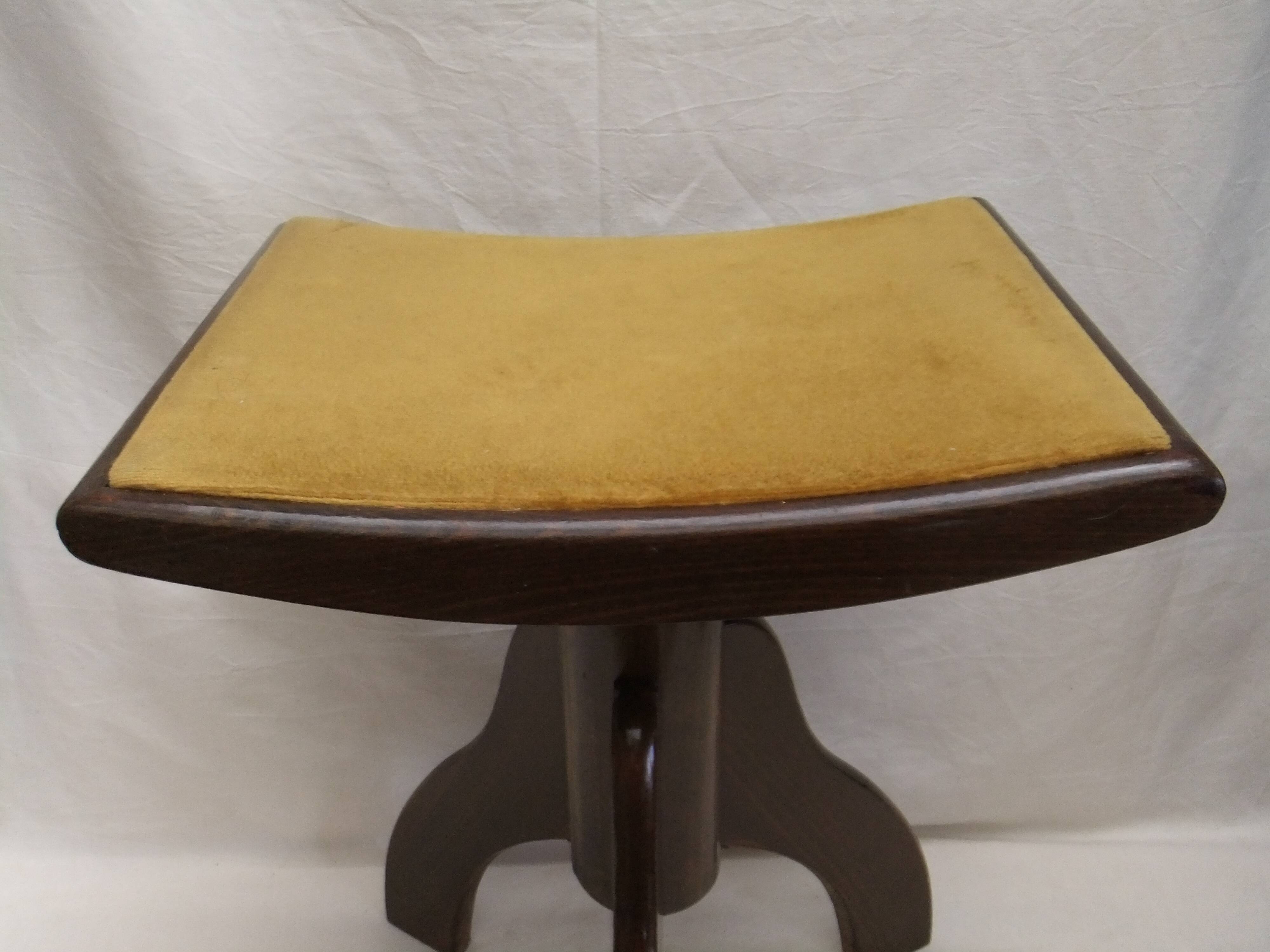 Piano stool bench old wooden tripod foot mustard velvet top