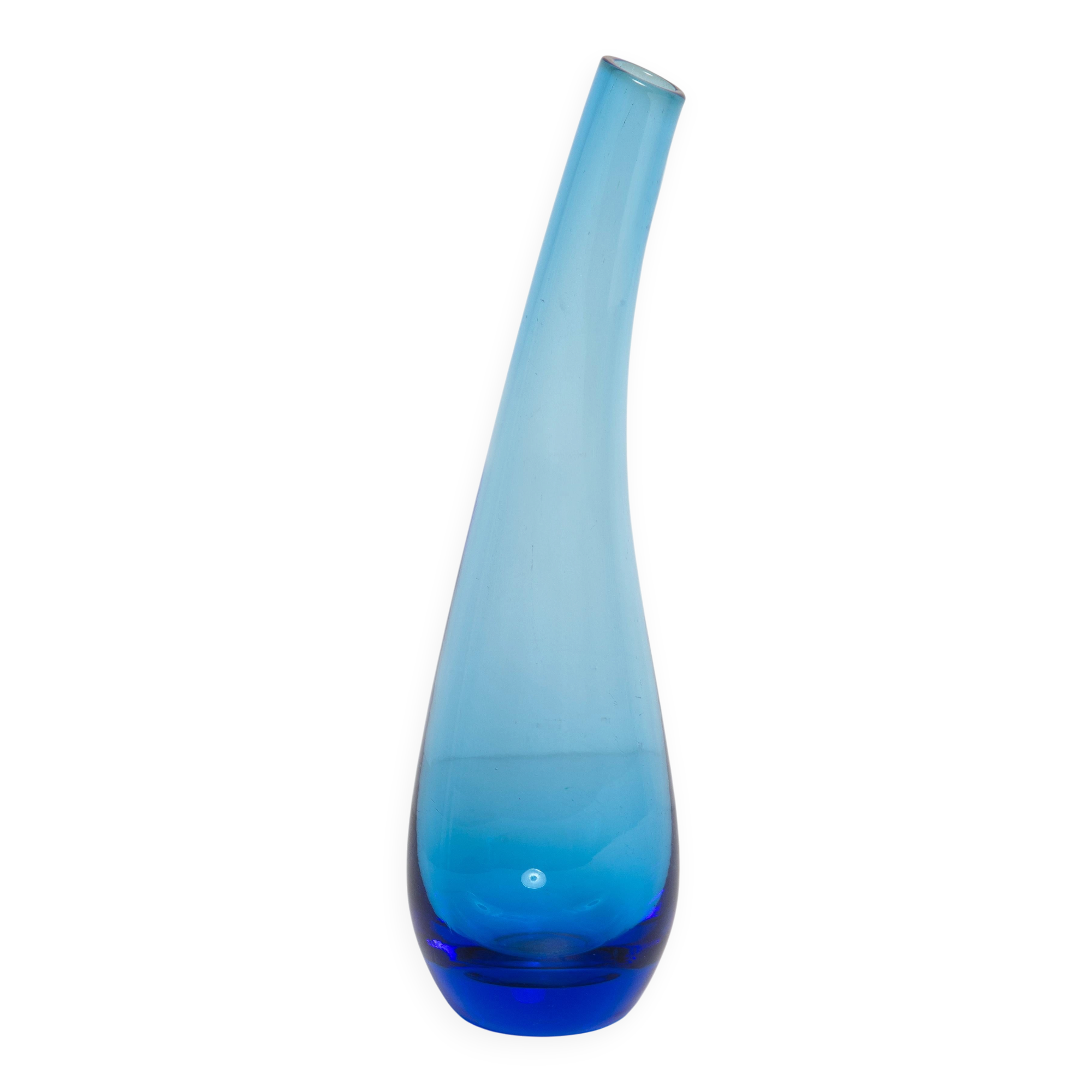 Vintage blue thin glass vase from the mid-century, Europe, 1960s.
