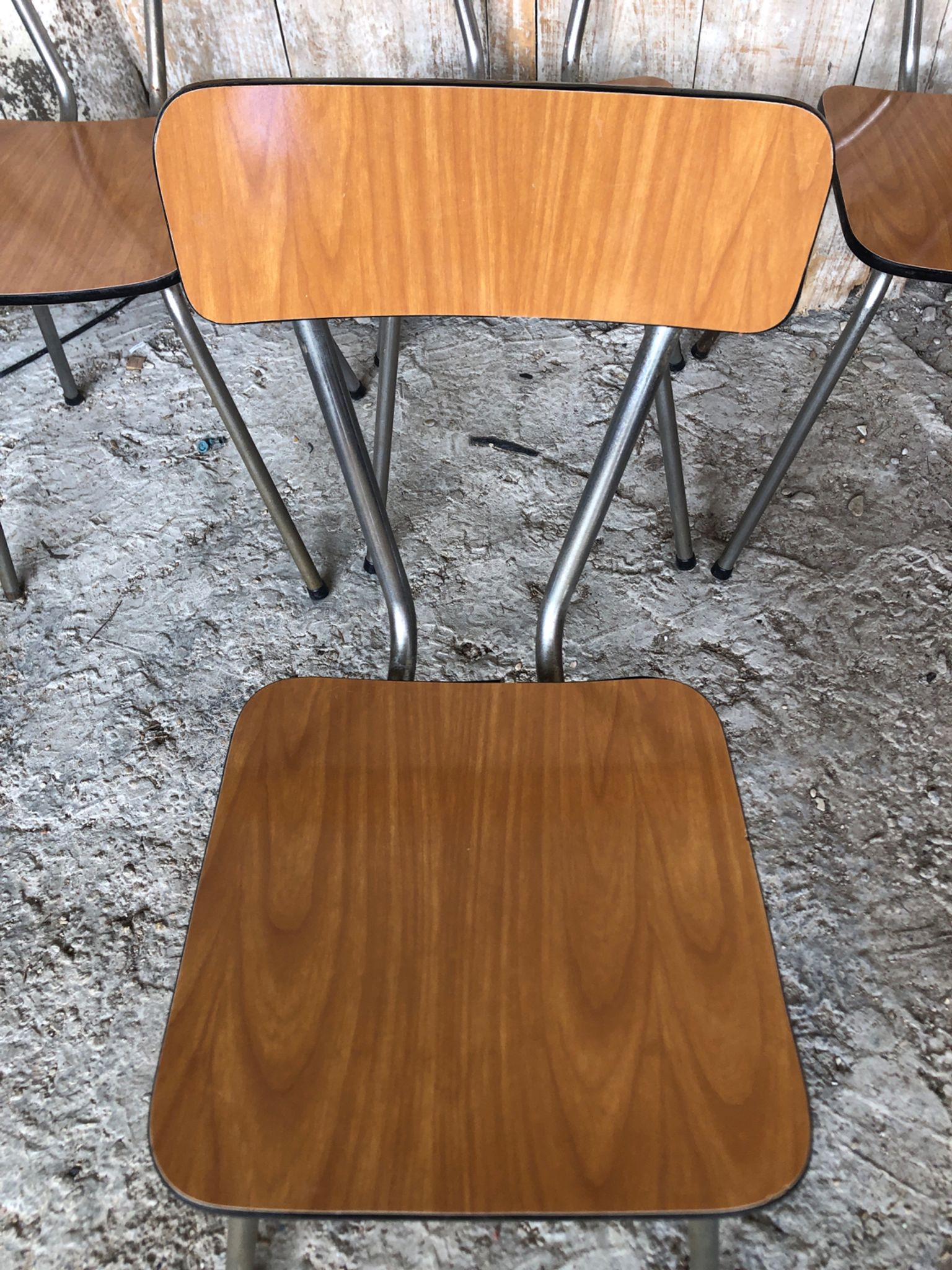 Series of 4 Formica Chairs Wood Legs Metal Chrome Vintage #A243