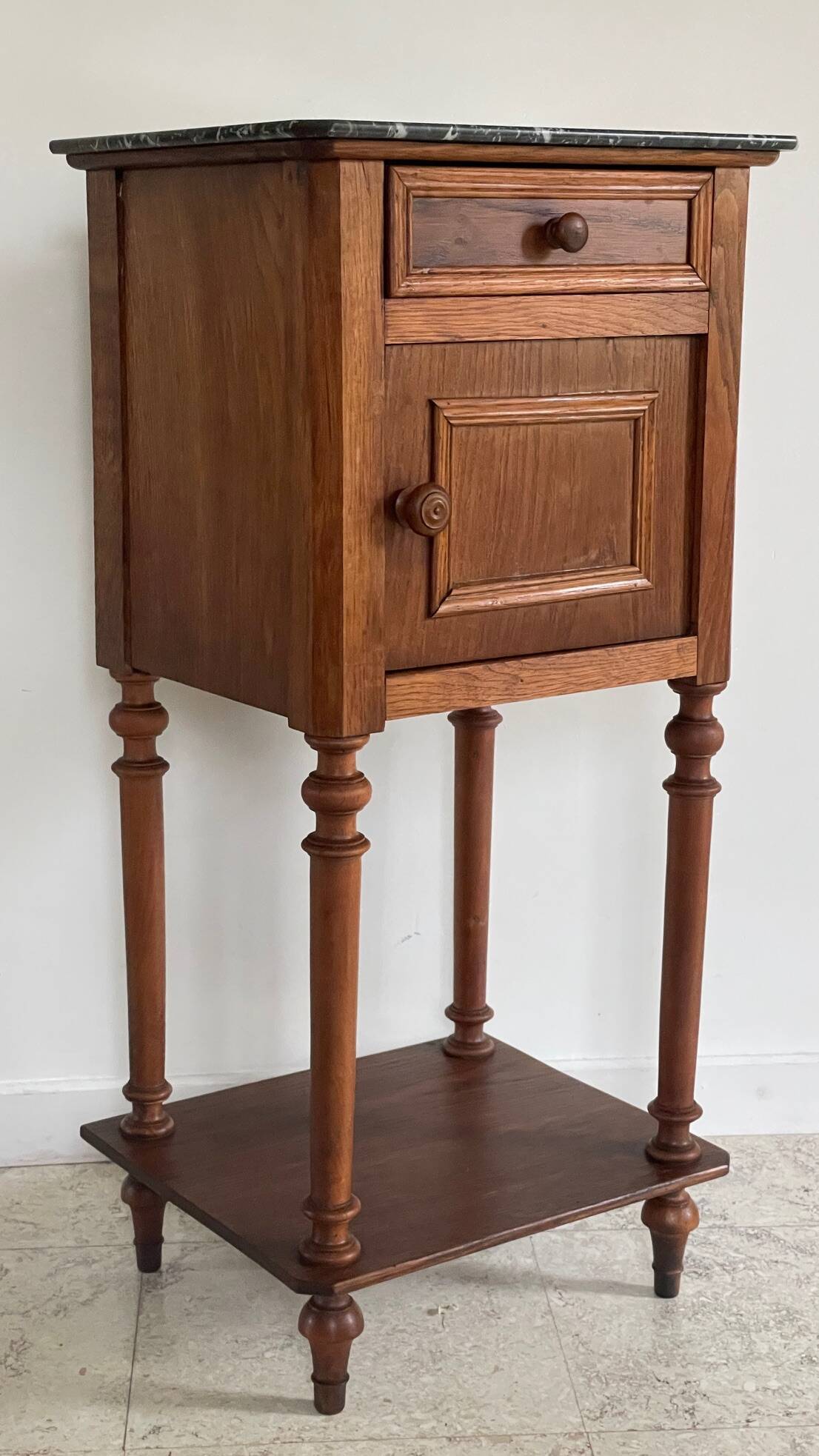 Antique bedside table in wood and marble