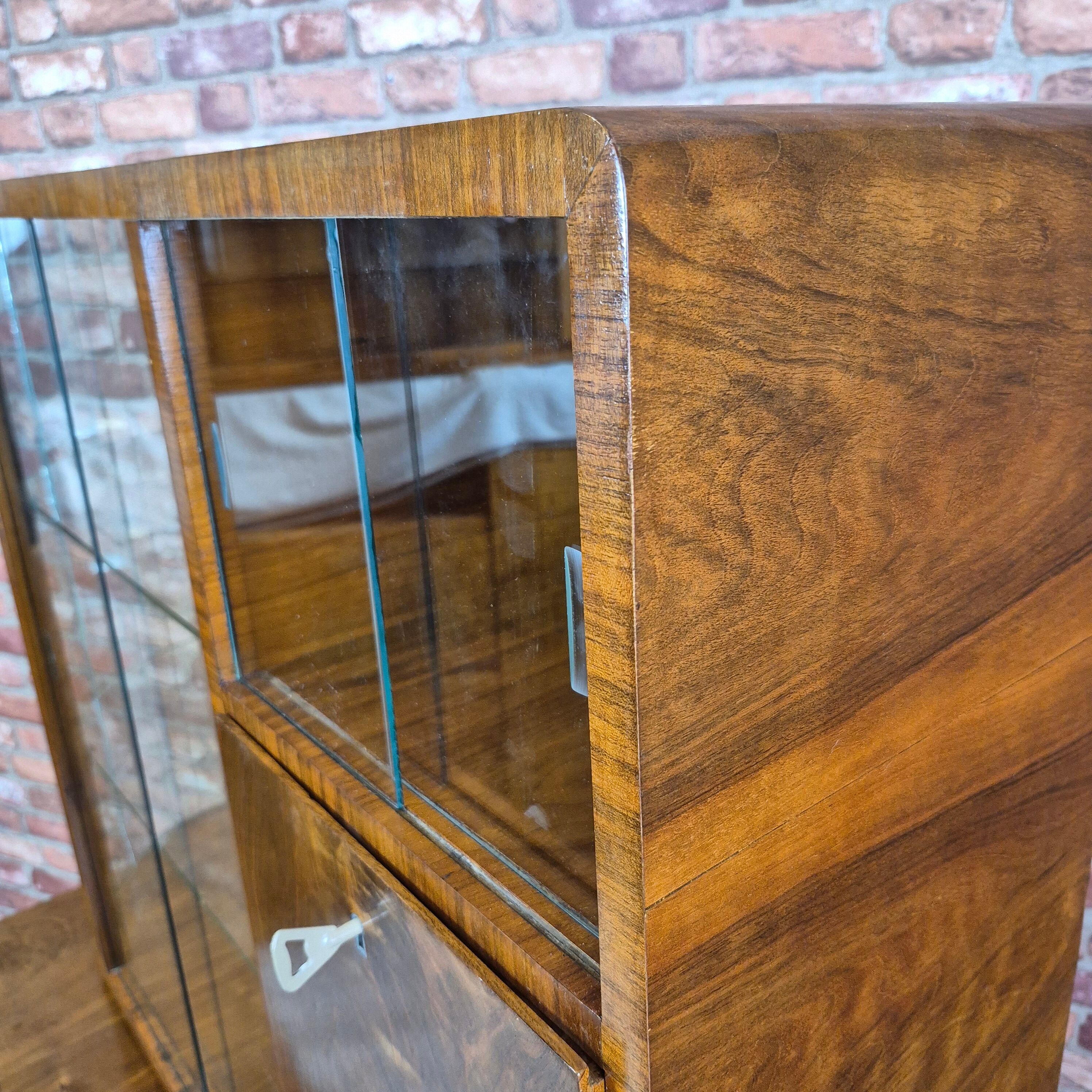 Restored 1960s Mid-Century Walnut Display Cabinet with Slatted Glass