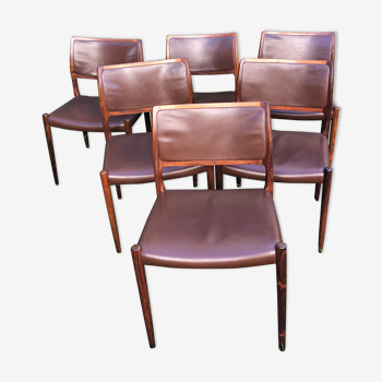 Chaises Niels Otto Møller modèle 80 cuir marron et palissandre années 60