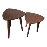 set of 2 low tripod side tables, triangular shape, rounded edges