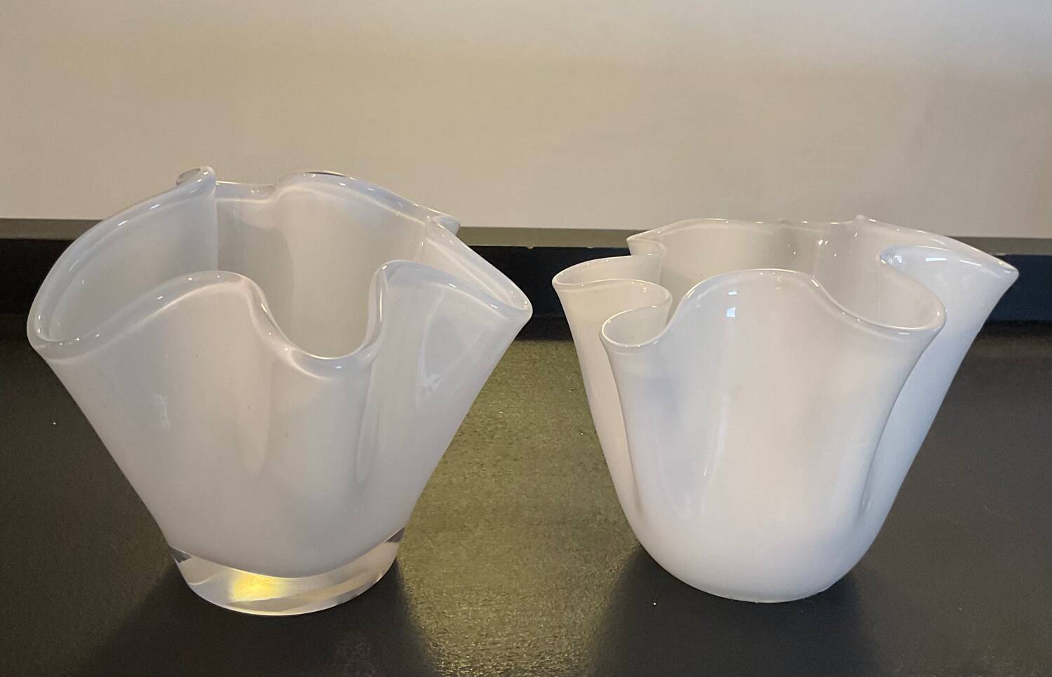 Duo of vintage handkerchief vases in glass paste