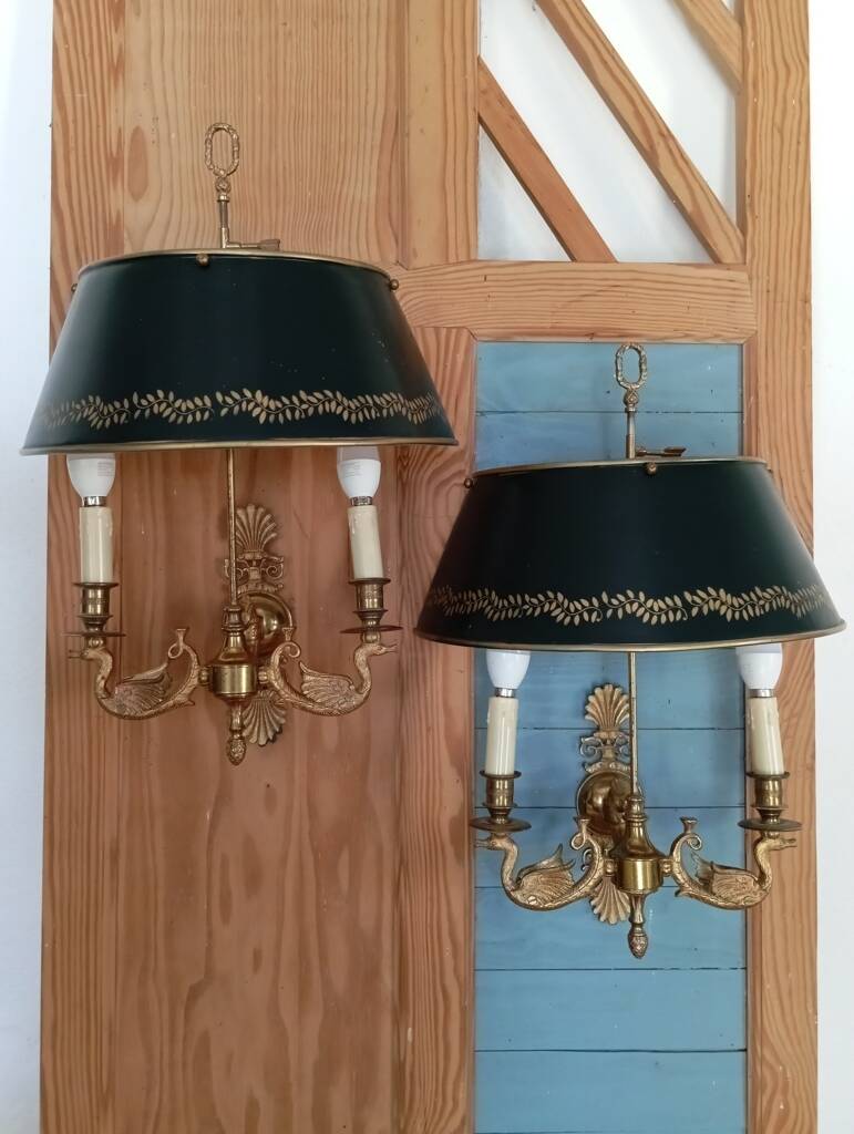 Pair of bronze and sheet metal hot water bottle wall lights