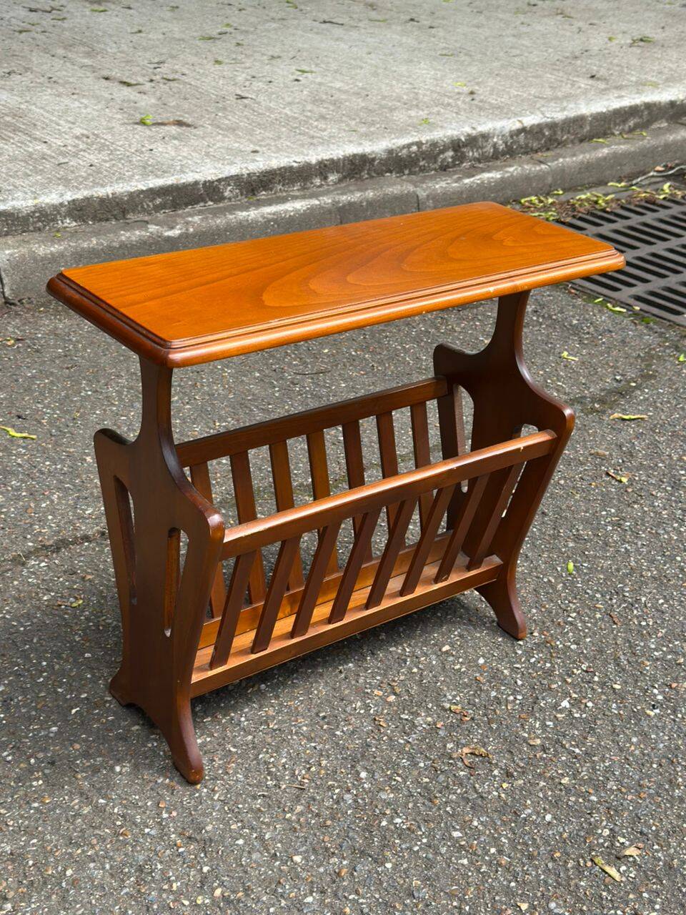 Vintage magazine rack, solid wood document holder, Mid-Century Modern Scandinavian.