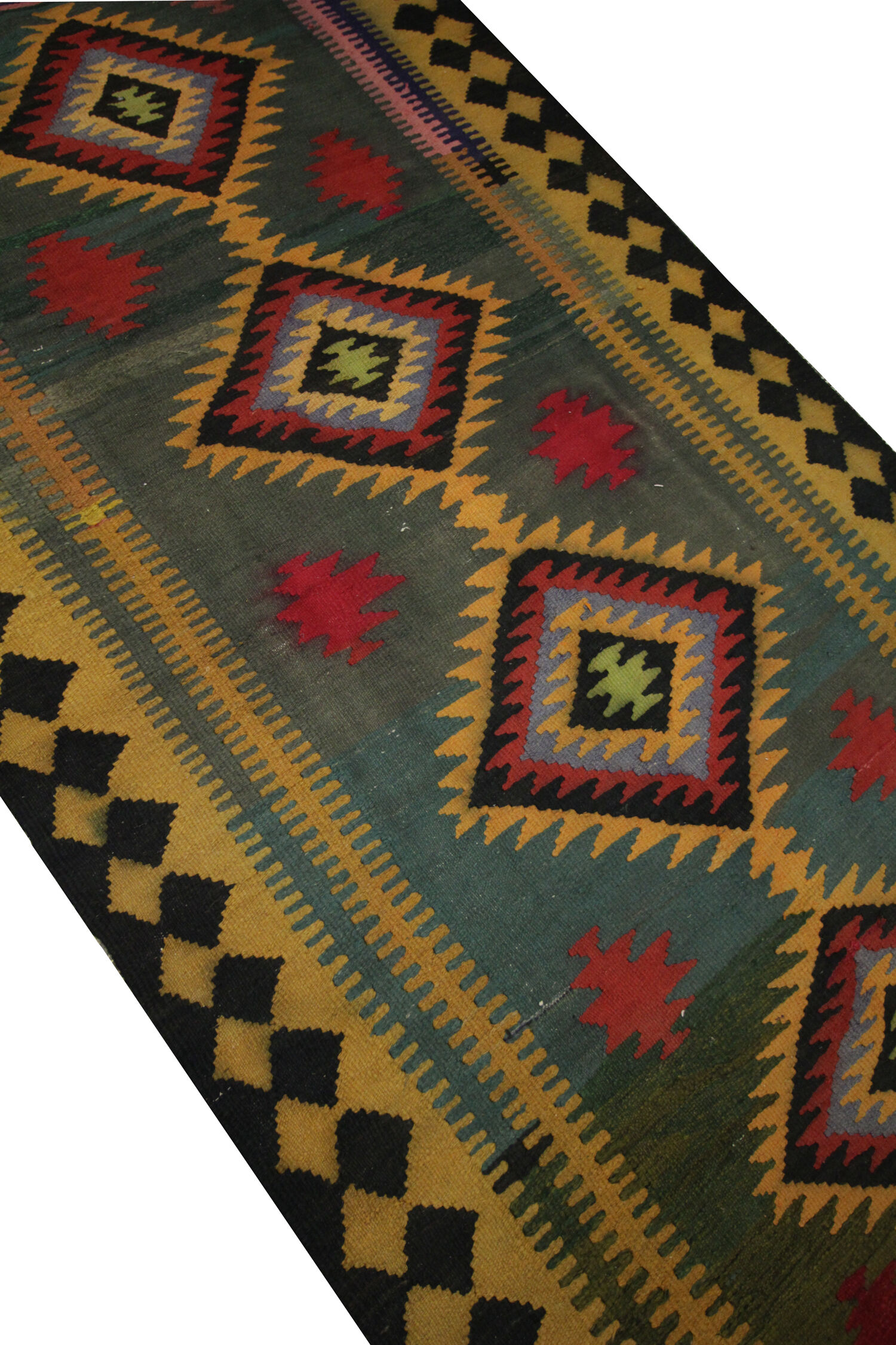 Vintage Green Tribal Wool Kilim Rug, Caucasian Flat woven Carpet-152x290cm