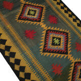 Vintage Green Tribal Wool Kilim Rug, Caucasian Flat woven Carpet-152x290cm