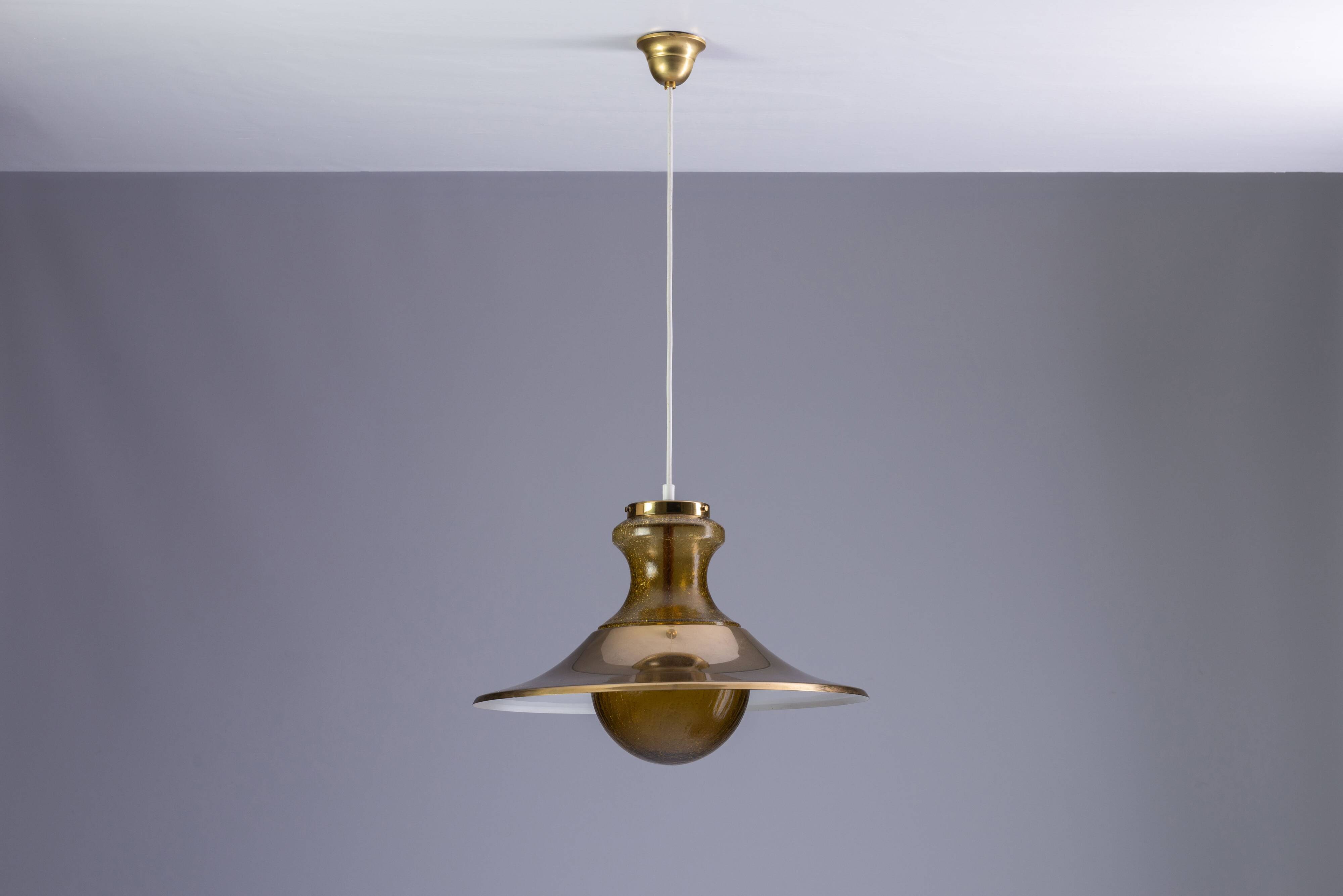 Large glass ‘‘bubble’’ chandelier with brass shade