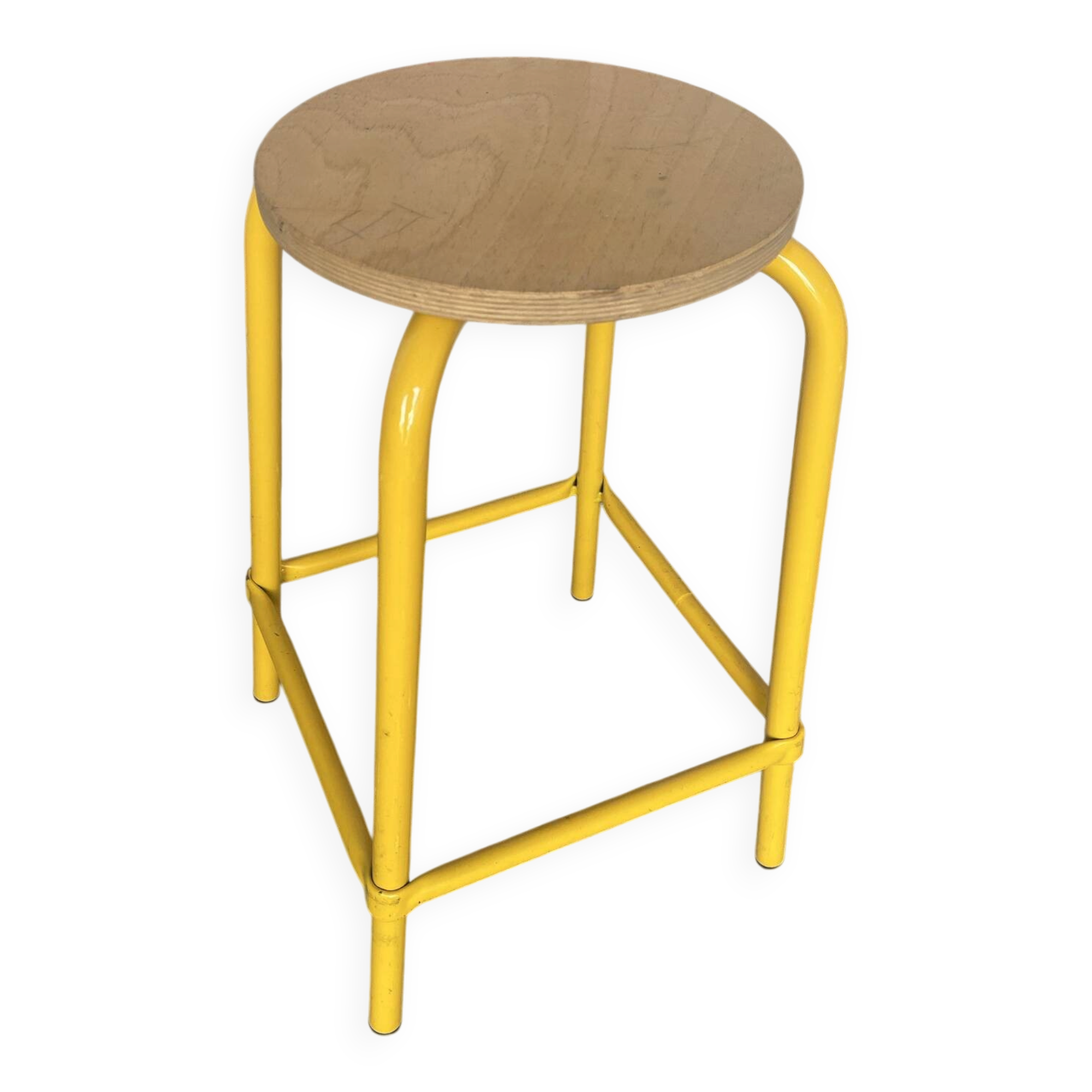 Vintage Industrial Stool DPC Yellow Metal Tube + Wooden Seat