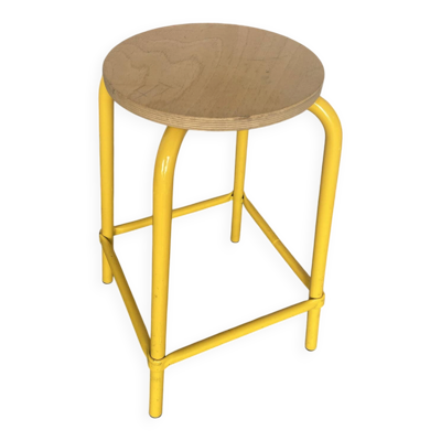 Tabouret Industriel Ancien DPC Tube Métal Jaune + Assise Bois Vintage
