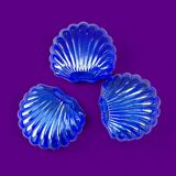 Set of 3 vintage shell butter dishes in stainless steel and cobalt blue glass