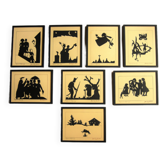 8 vintage framed paper cut print with fairytales from H.C. Andersen by Johs Lage Jacobsen. Denmark
