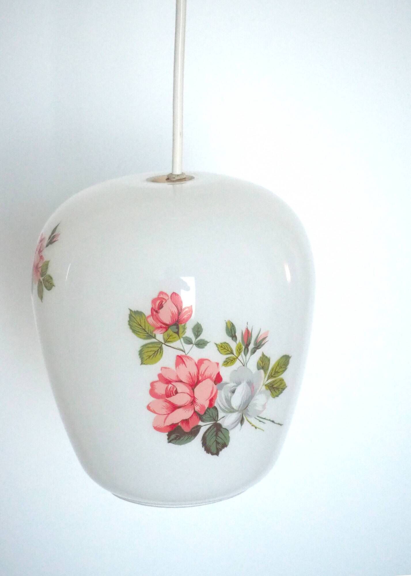 White opaline pendant lamp bouquets of roses from the 1970s.