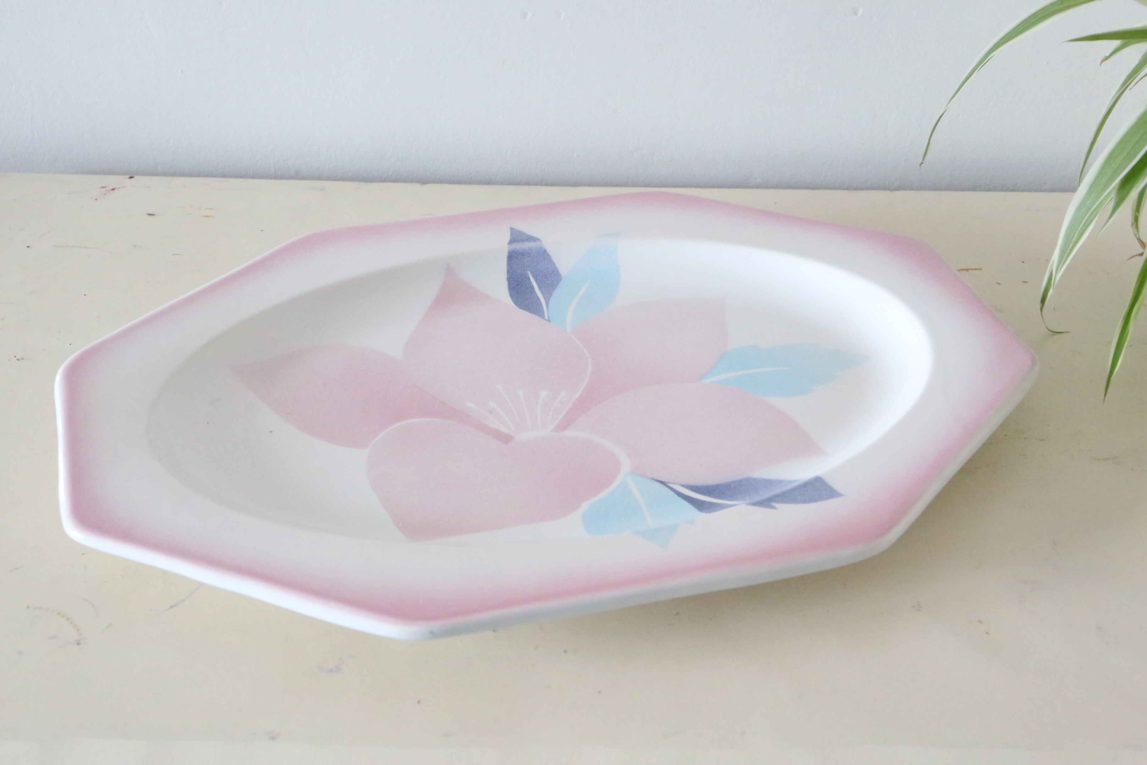 Octagonal dish Niderviller, Magnolia pattern, 1980, vintage