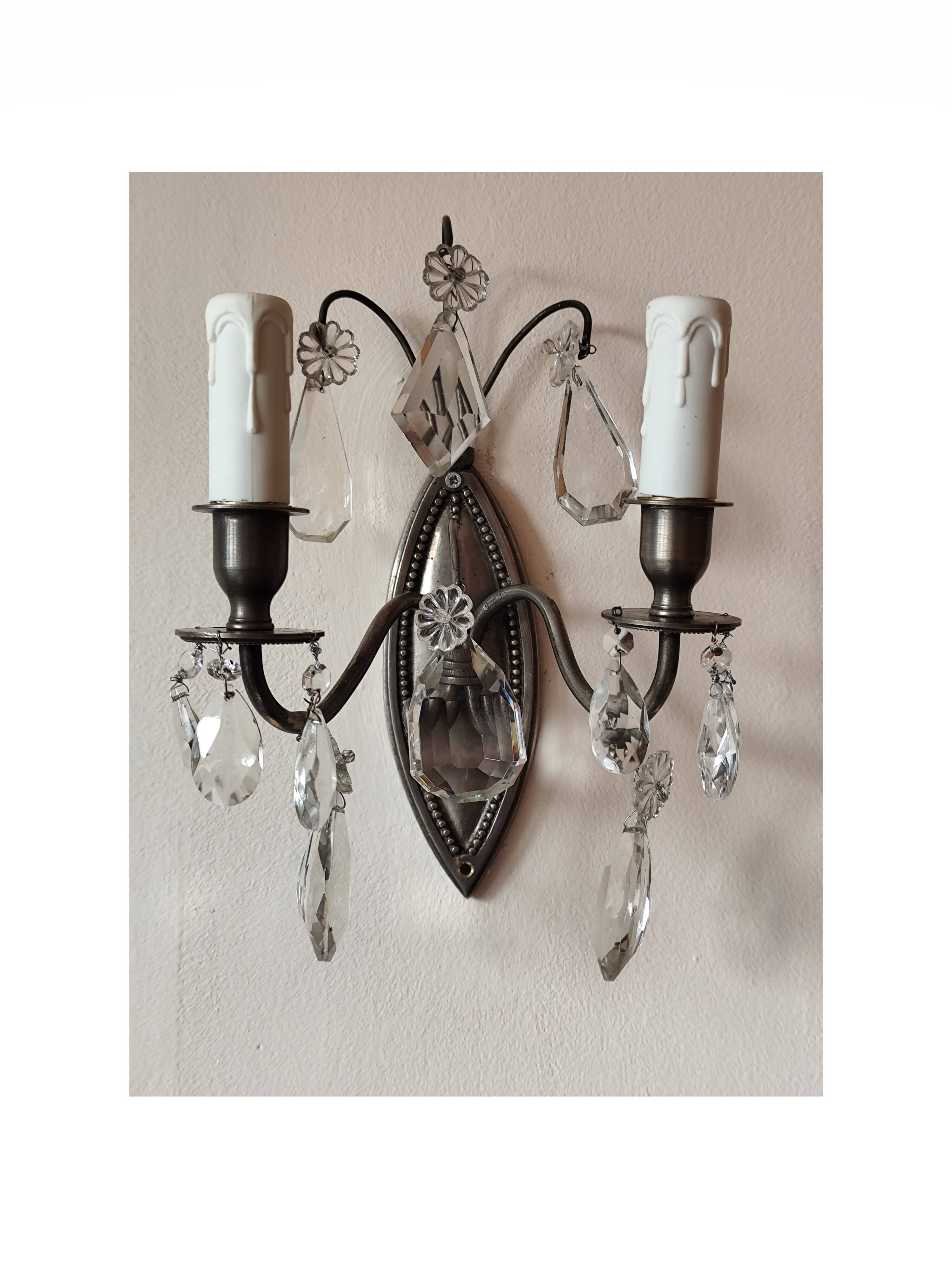 Wall light in tinned brass and crystal pendants - rococo light 2 lights