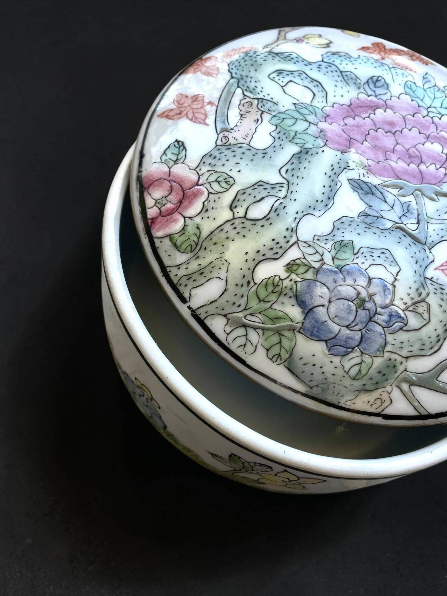 Vintage Chinese Porcelain Trinket Box H.F.P. Macau Famille Rose 1970s