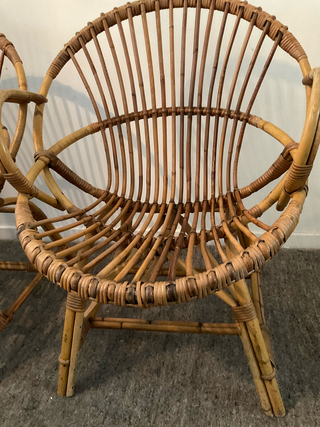 Pair of rattan shell armchairs 60s