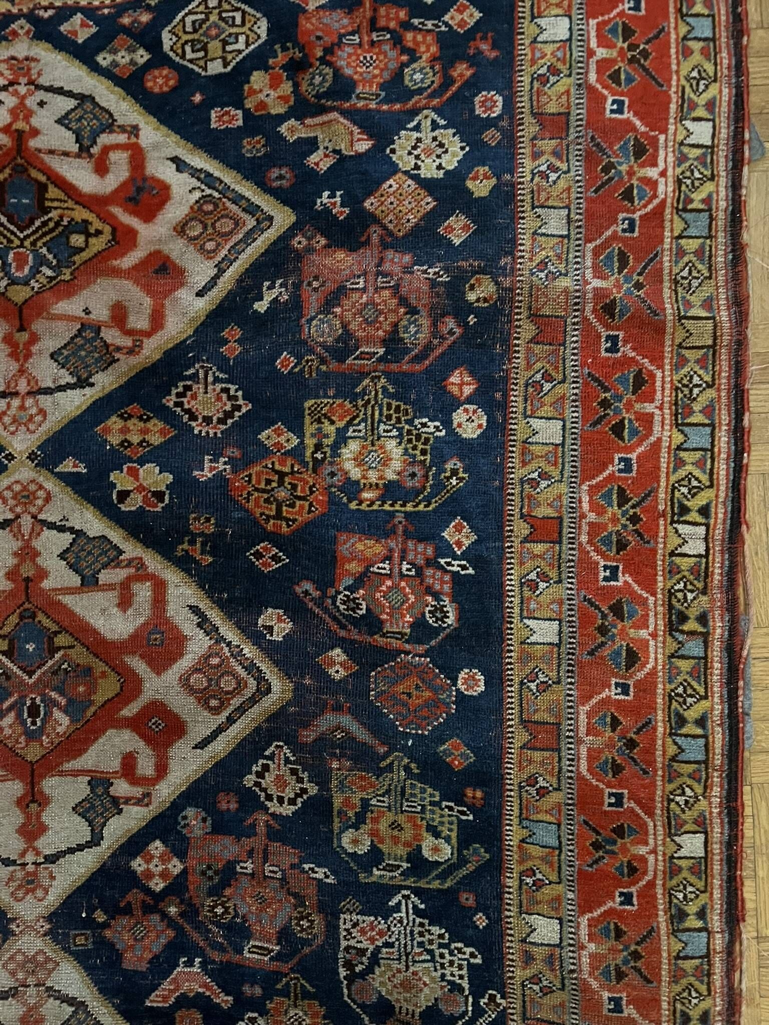 Antique handmade Persian Qashqai nomadic rug – blue background 94x112cm